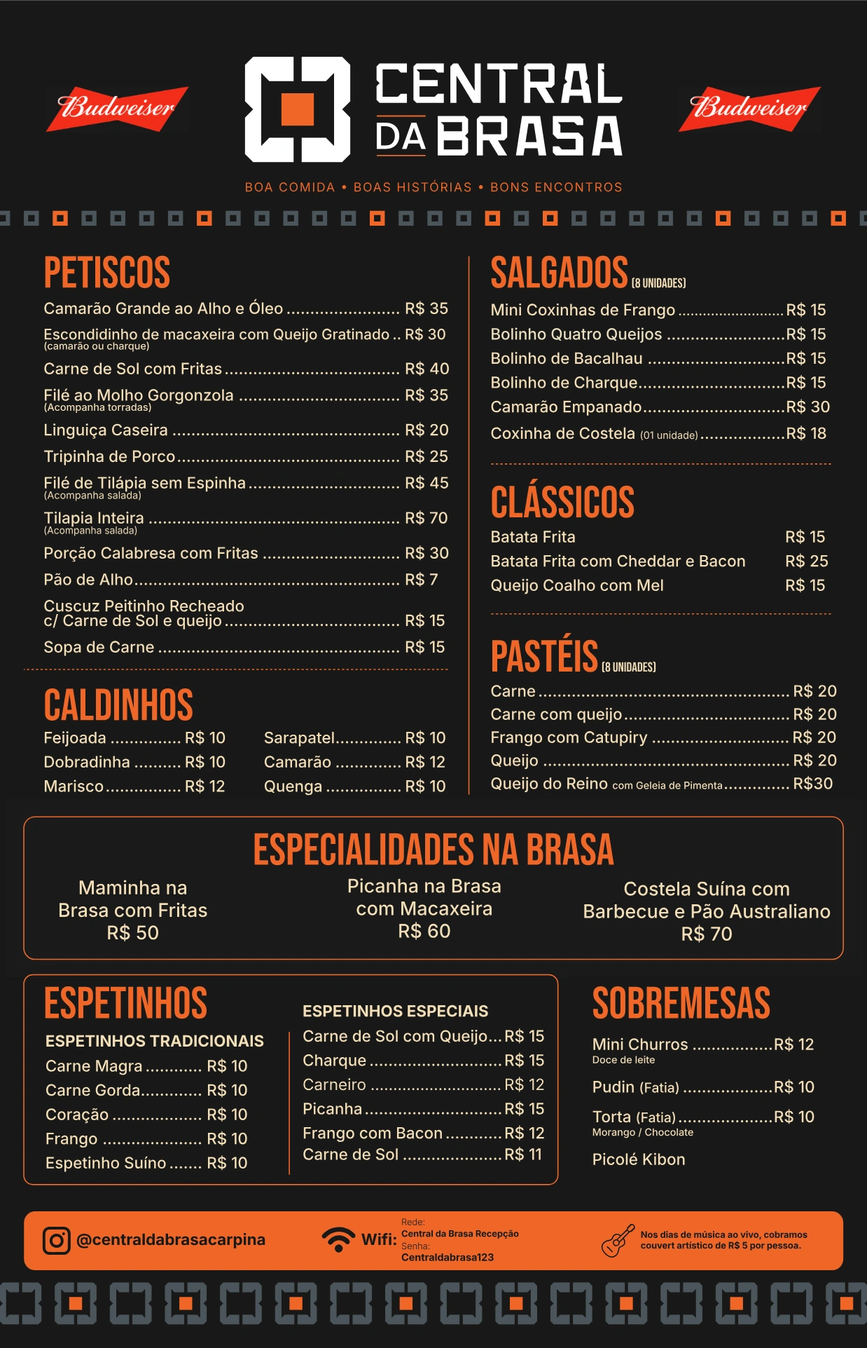 Página 1 do cardápio original: petiscos, salgados, clássicos, pastéis, caldinhos, especialidades na brasa, espetinhos e sobremesas.