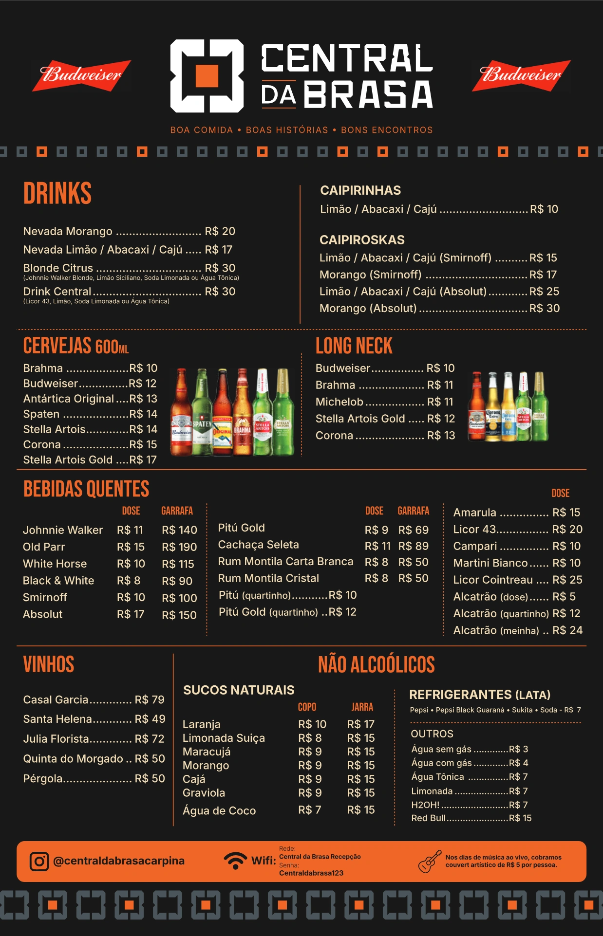Página 2 do cardápio original: drinks, caipirinhas, caipiroscas, cervejas, bebidas quentes, vinhos, sucos e bebidas sem álcool.